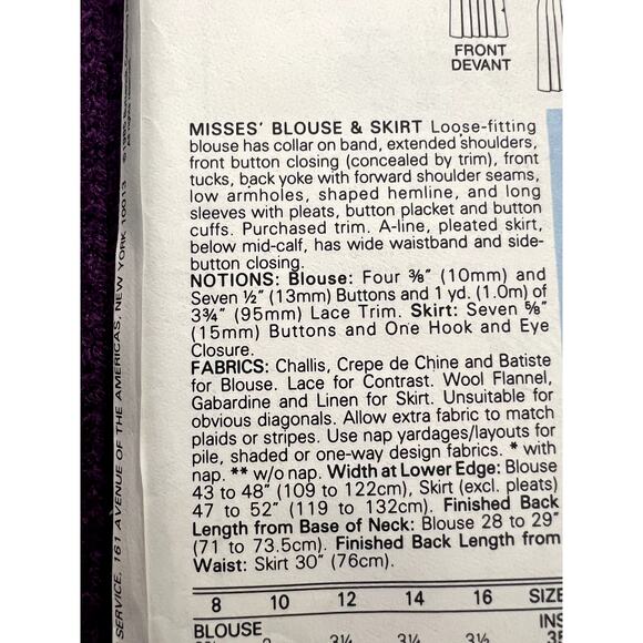 Butterick 3400 pattern blouse ruffle front pleated skirt 1980s size 14 - Picture 5 of 8